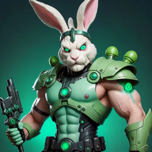 Prompt: Administrator Porus Male dressed in a bunny costume with bunny ears they have deathly pale skin and are huge and costume is vivid green with sea green and a arm cannon cyborg-like