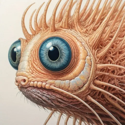 Prompt: When viewed through a microscope, this creature's short, fine, delicate hair can be seen in naïve colored pencil art style
 