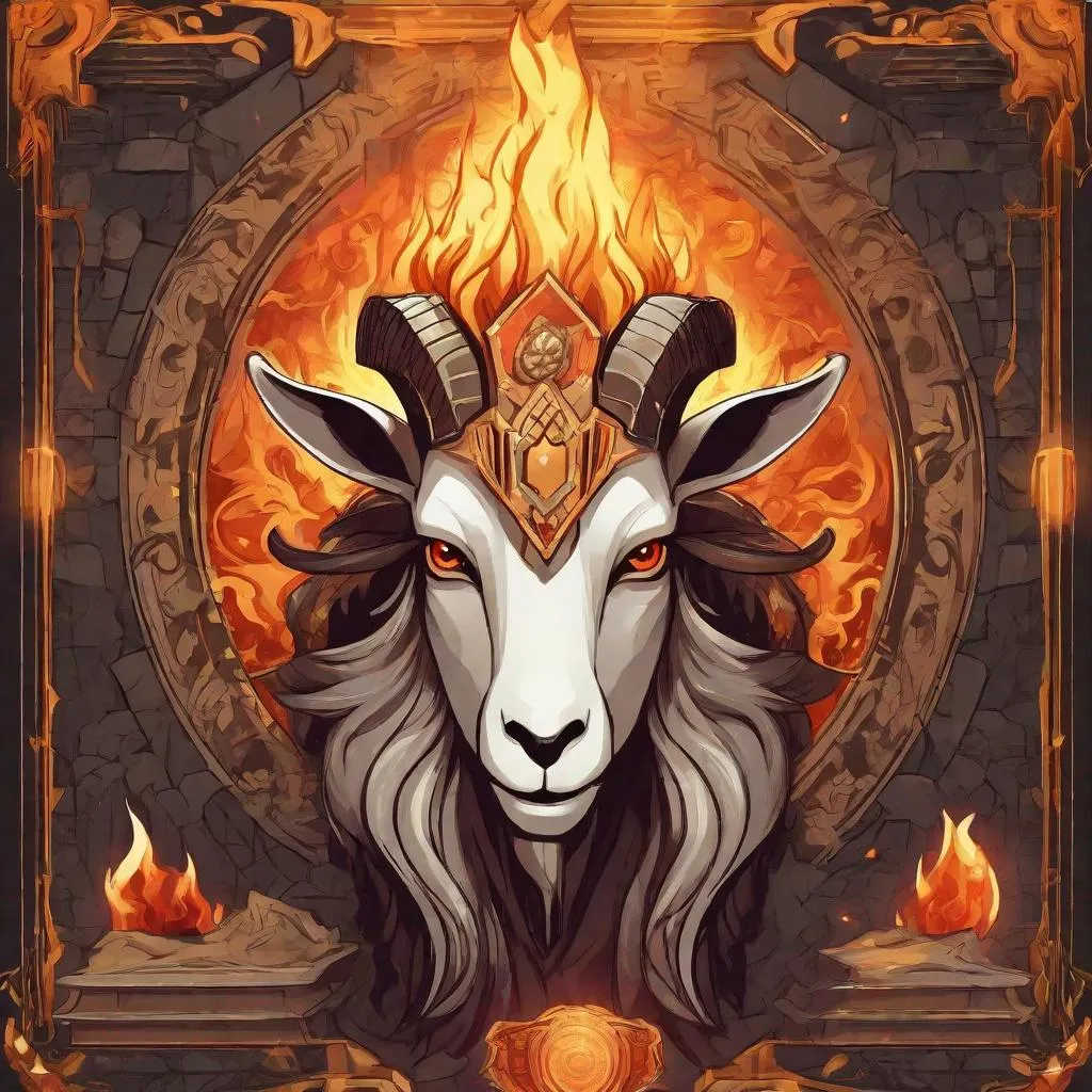 Prompt: Amy Demon Goat, President, made of flame and fire, reveals treasures, treasure cave background, best quality, masterpiece, in art deco art style