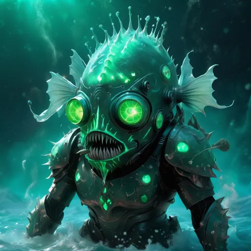 Prompt: Potent Aether Dust mutant covered in Deadly magical glowing sea-green dust and covered in glowing angler fish armor