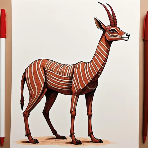 Prompt: A mummified Gazelle that has anubis-like traits in tan brown and red-brown, in gel pen art style