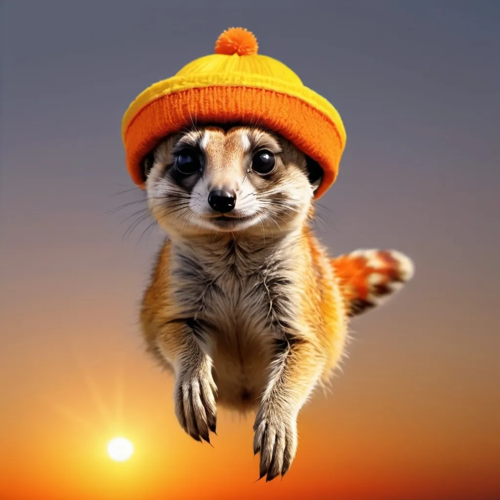 Prompt: Meerkat with bright orange and yellow fur wearing a orange and gray Propeller hat hoving in midair at sunset, in t-shirt design art style