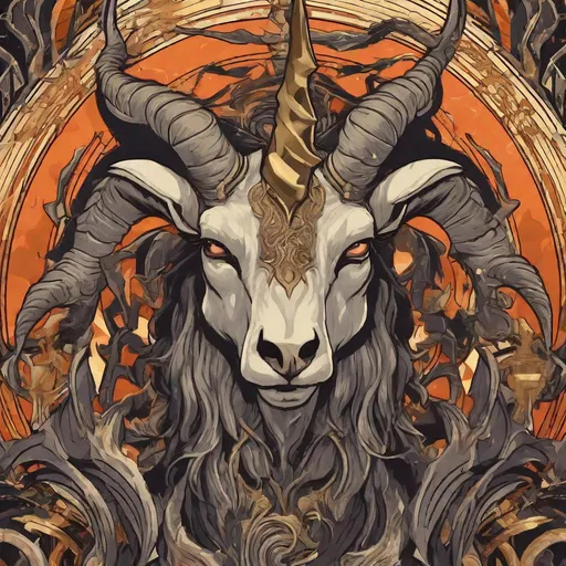 Prompt: Amdusias Demon Goat, massive claws, unicorn horn, demonic trumpet, lightning storm, best quality, masterpiece, in art deco art style