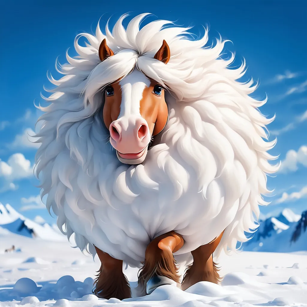 Prompt: Fluffy Ball of Horse covered in white fur with hoofs sticking out of the fluff background blue skies