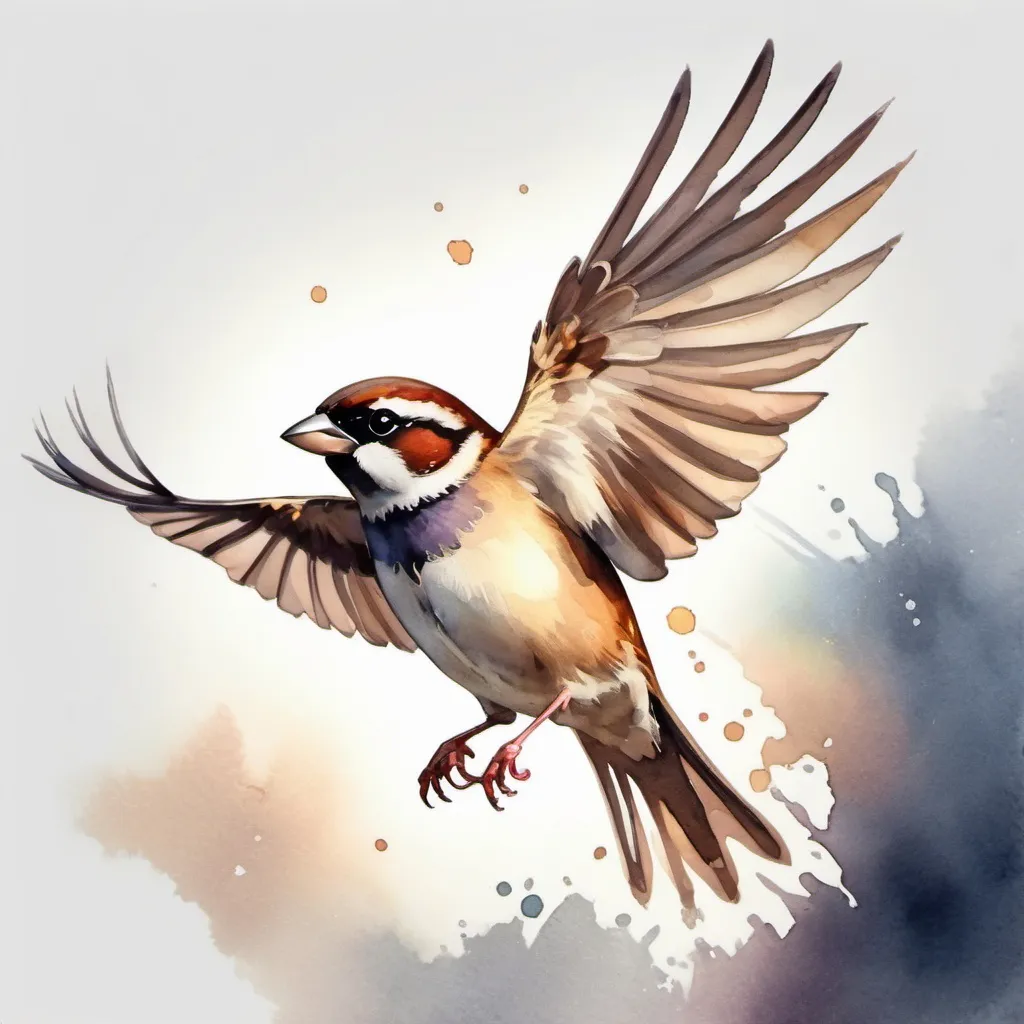 Sparrow flying and glowing, in watercolor painting a...
