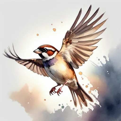 Prompt: Sparrow flying and glowing, in watercolor painting art style
