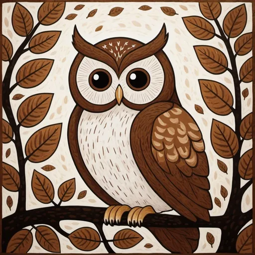 Prompt: brown and white owl with leaves in Mark Briscoe art style
