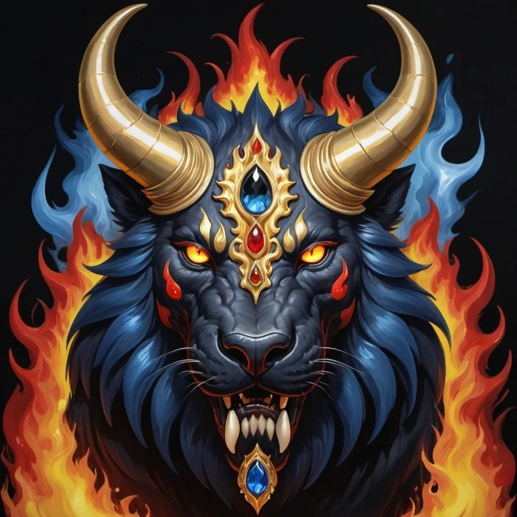 Prompt: A behemoth wreathed in yellow gold and red flames with solid white eyes surrounded by ebony black and a blue flame gem on head , in enamel painting art style