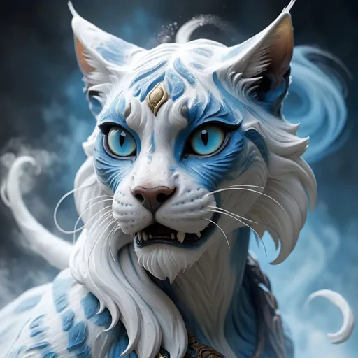 Prompt: Spirit Khajiit made of mist and light and swirling dust in white and eerie-blue colors, masterpiece, best quality