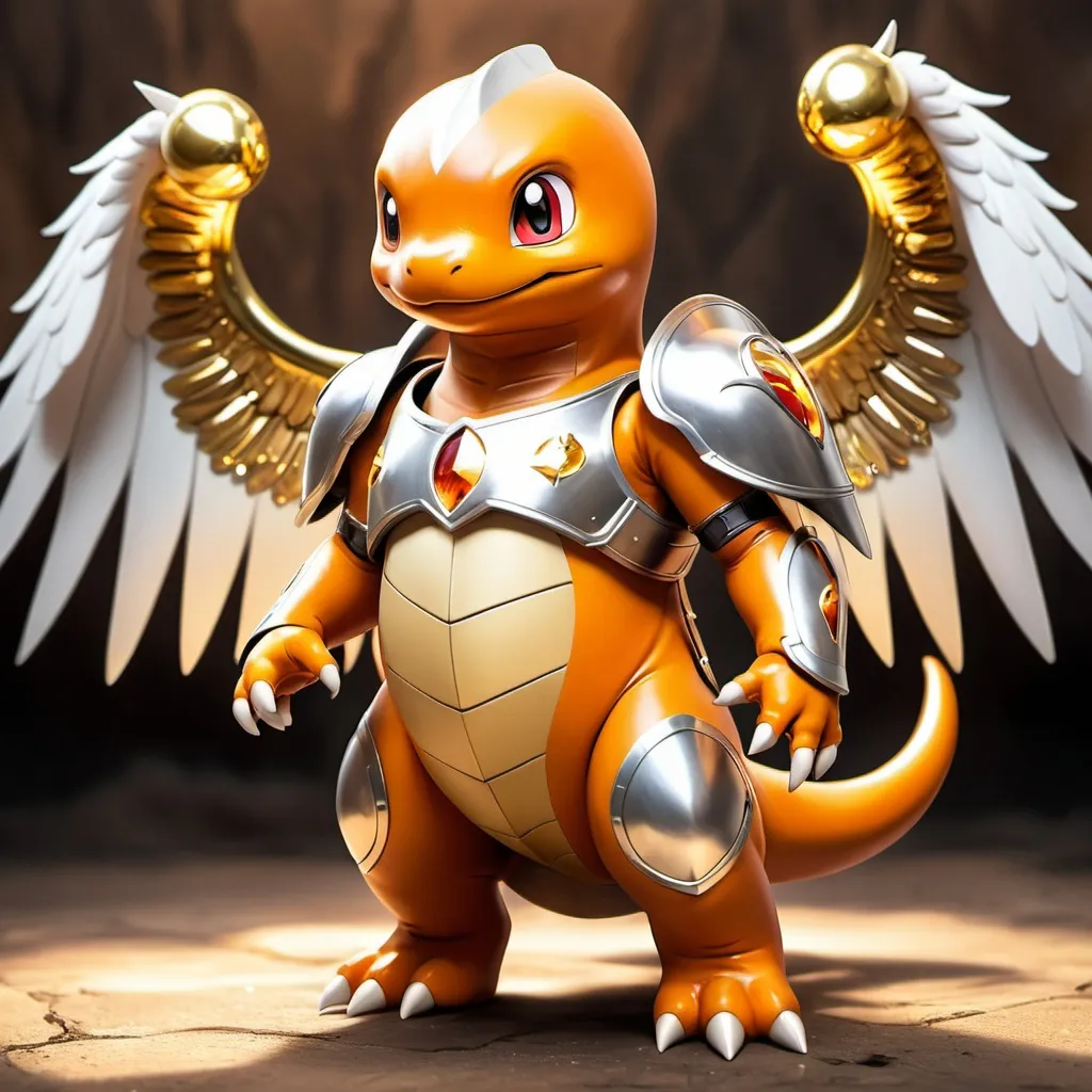 Prompt: Angel's Armor Charmander with glittering silver and gold armor and angel wings background fiery heaven, in 3d art style