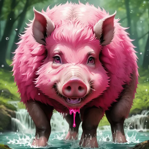 Prompt: Wild Boar with vivid deep pink fur and dripping with pink healing liquid
