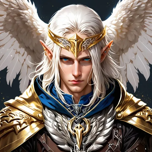 Prompt: A High Elf in a alliance rider hood with a eagle symbol upon it in gold and silver, in anime portrait art style
