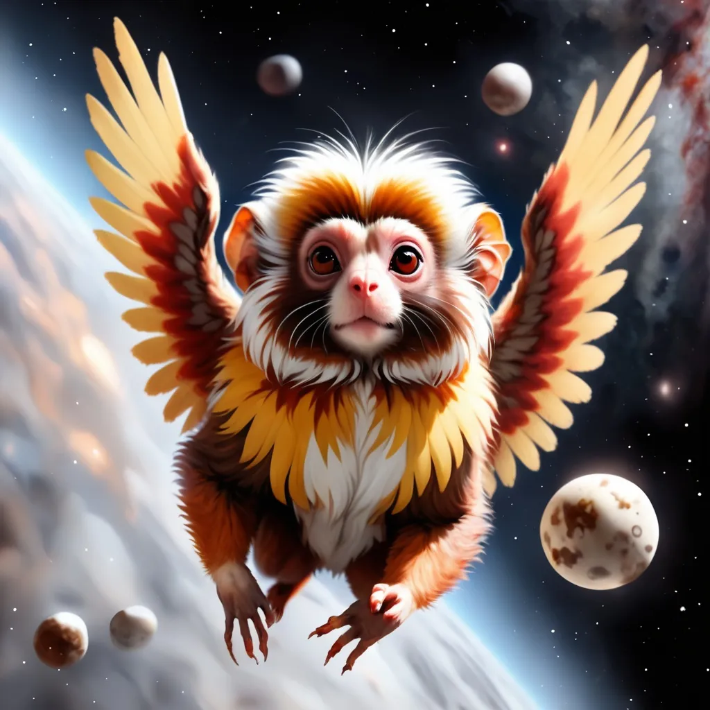 Prompt: Marmoset with pale gray and rust red fur flying in space with wings of white and pale yellow , Pluto, background space, masterpiece, best quality