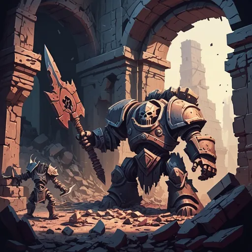 Prompt: Construct Slayer deep in ruins slaying deadly ancient automatons, background dwarven ruins, in 2D illustration Style art style