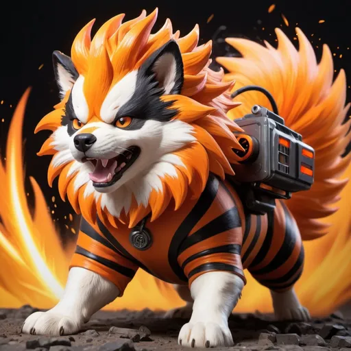 Prompt: A mighty Fuu dog with vivid orange fur and black stripes and super fluffy tail and mane charging in a take down with flamethrowers erupting all over, in card art style
