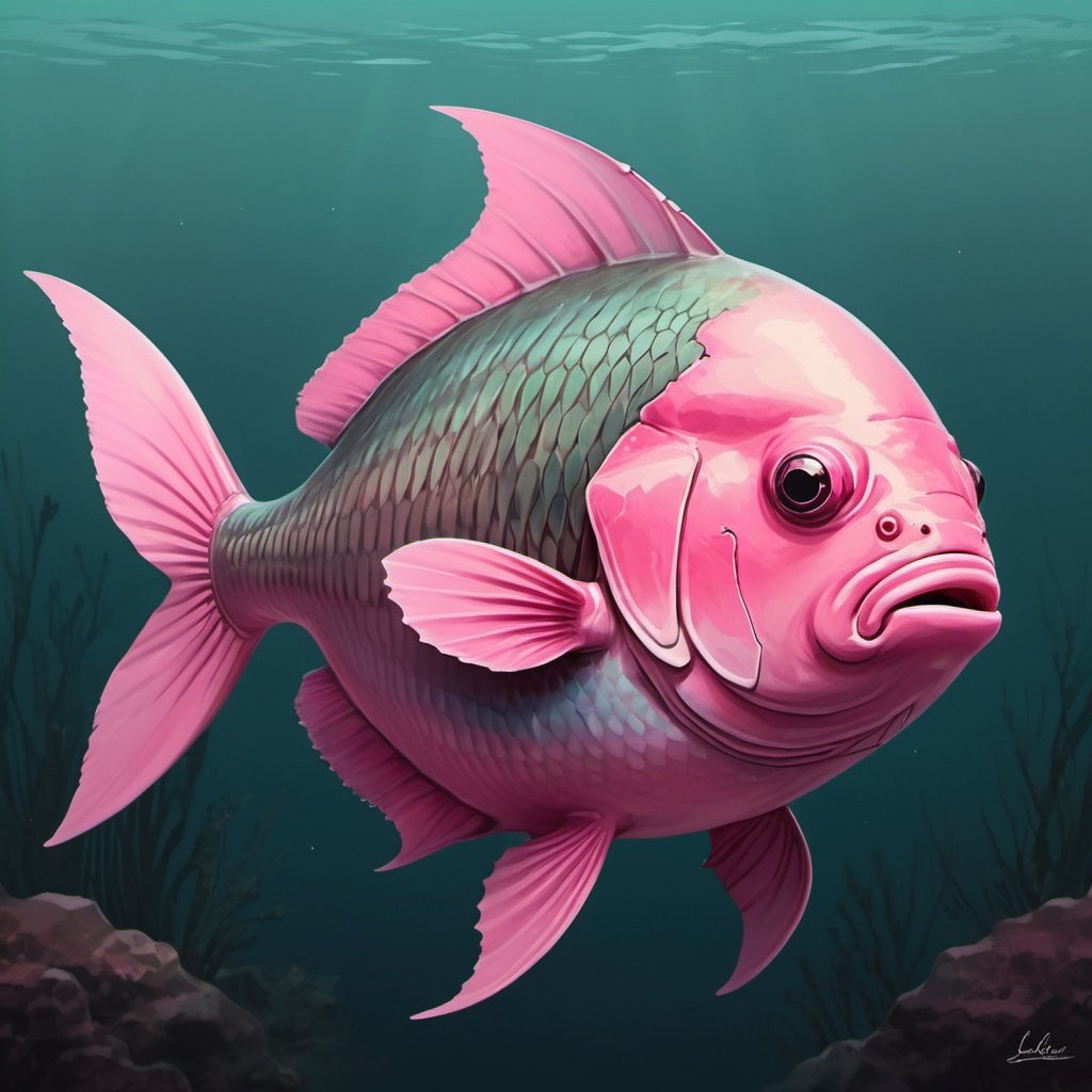 pink fish shaped like a heart in Gary Larson art style