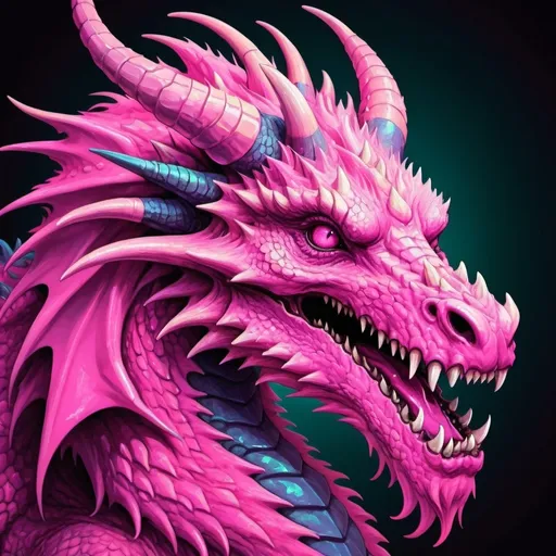 Prompt: Pink fluffy dragon with jagged horns in psychedelic horror art style
