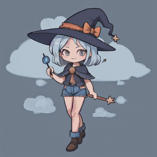 Prompt: Witch, color Denim blue, witch hat, witch outfit with jean shorts, wand with a cloud ontop, best quality, masterpiece, background under a overcast sky 