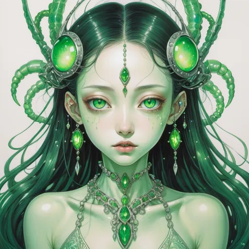 Prompt: green alien with glowing green eyes and jewels and black markings in Miho Hirano art style
