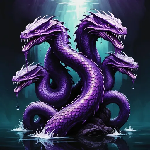 Prompt: Hydra with vivid purple scales and dripping water, in dark art style, background ocean