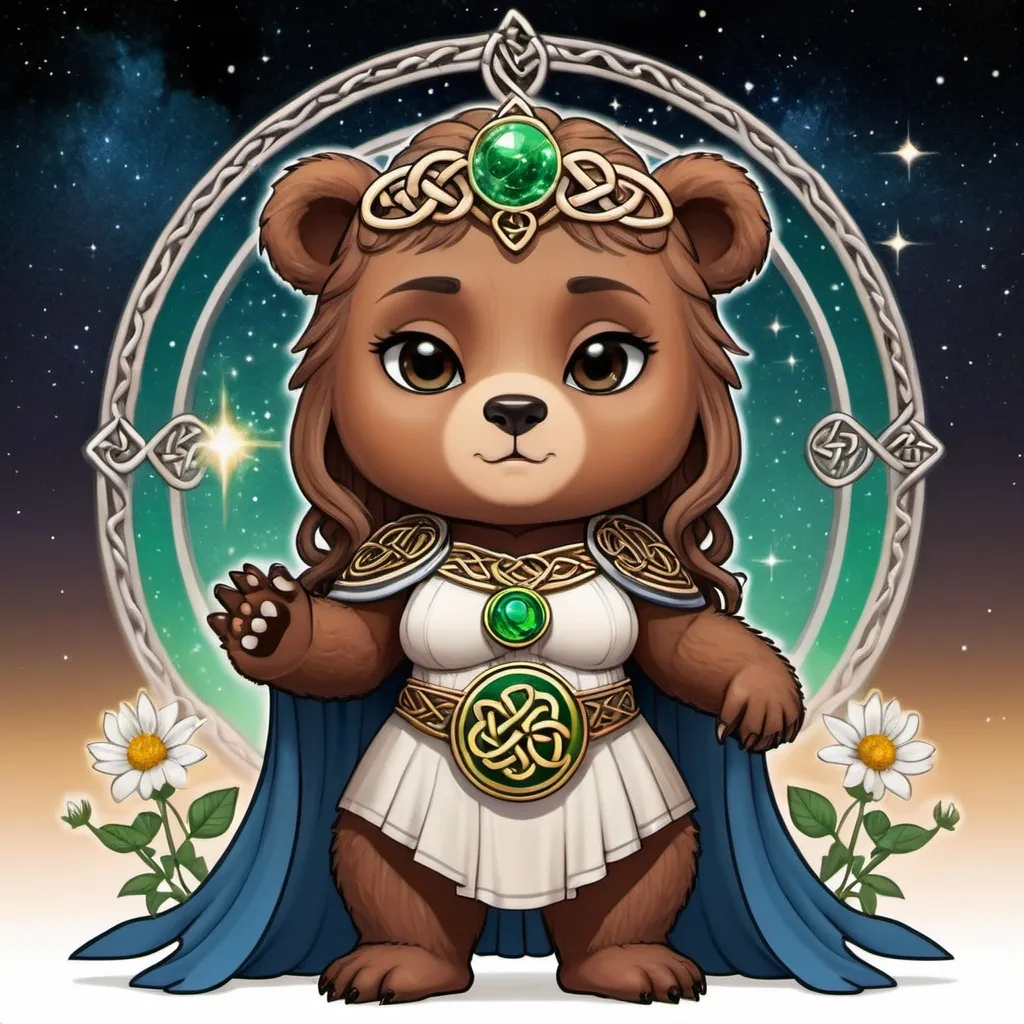 Prompt: Celtic Goddess Andarta whom is a great and powerful bear and behind her is the great glorious cosmos, in 2d chibi art style