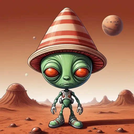 Prompt: Martian with a very tall striped hat, background mars, in caricature art style