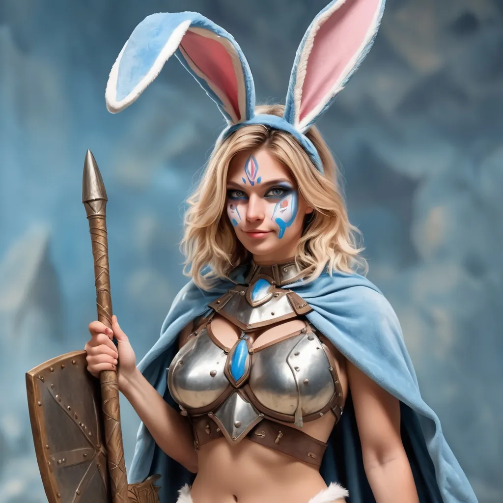 Prompt: Adi, Female, dressed in a bunny costume with bunny ears, Prehistoric armor including a cape face painted with dull blue and a club in hand, masterpiece, best quality
