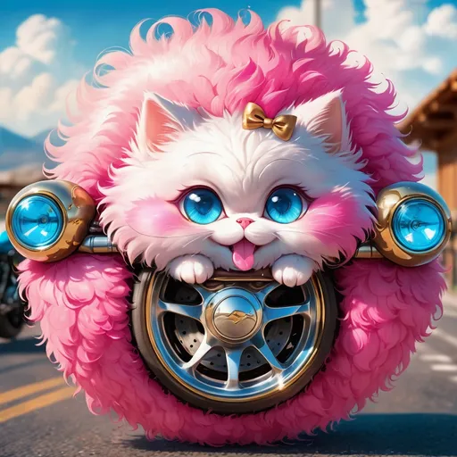 Prompt: Fluffy cute ball of a Motorcycle in bright pink fluff and fuzzys with vivid blue eyes and golden wheels and bronze metal