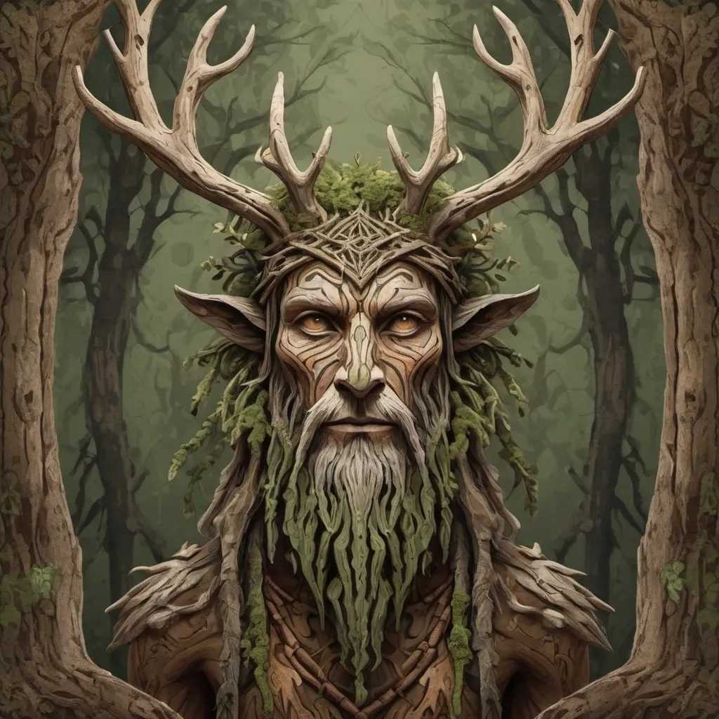 Prompt: Ancient Leshen with tan brown mossy-green gray-brown color palette with background  in tribal art style