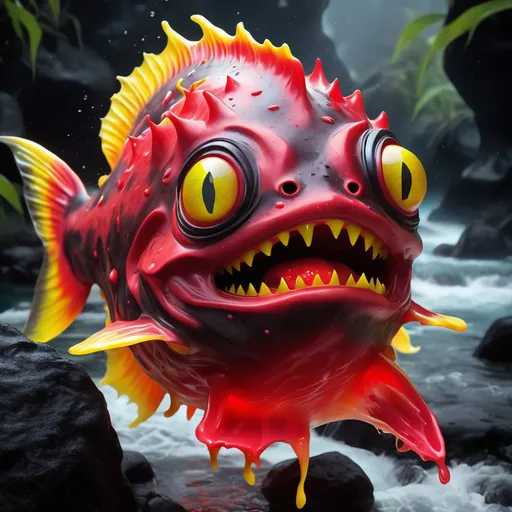 Prompt: Fish made of red and yellow lava slime with stalk eyes that are lazy and fangs it peaks out of lava rivers, masterpiece, best quality