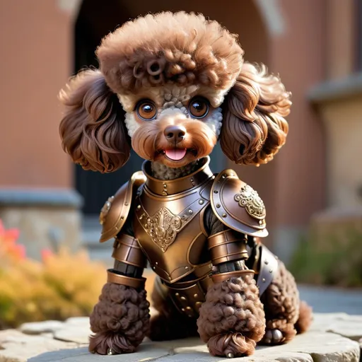 Prompt: Poodle with brown and dark brown fur and bronze armor, looking fierce and cute, best quality, masterpiece