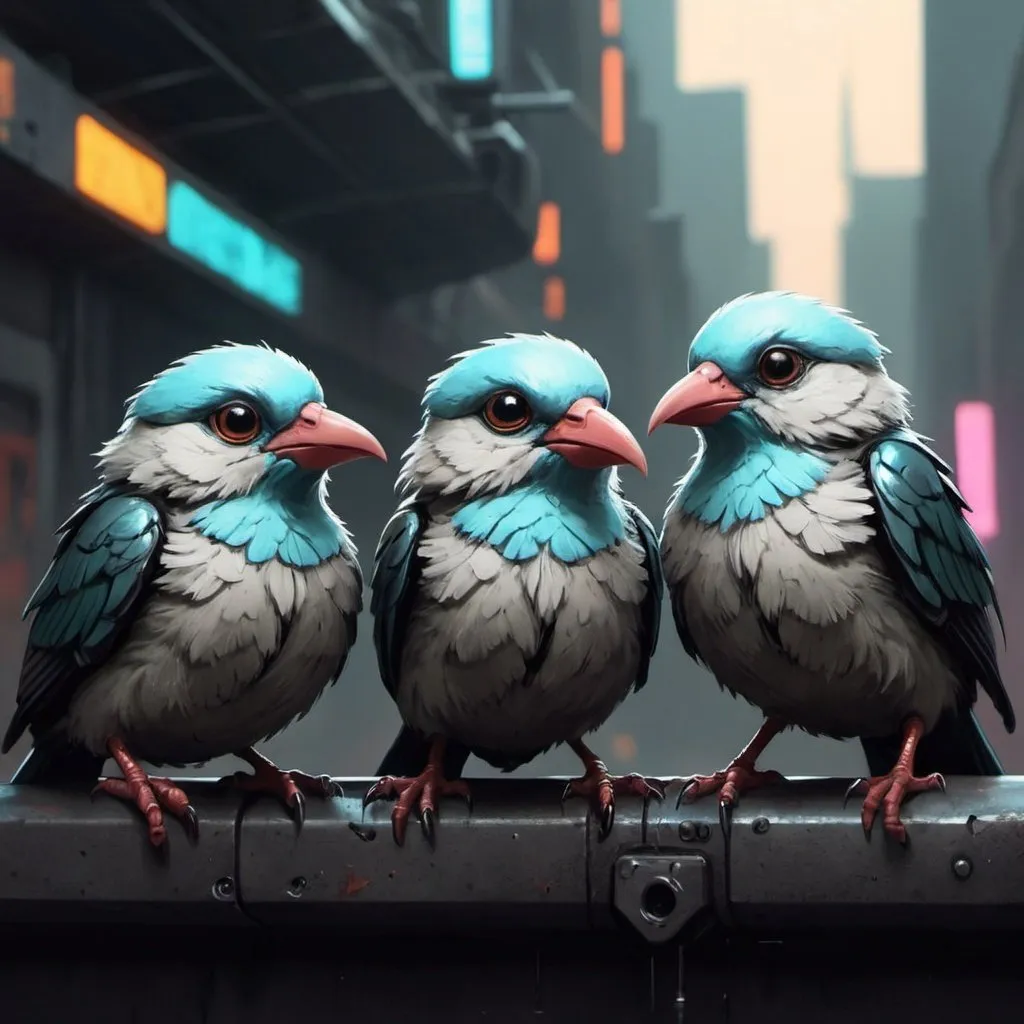 Prompt: 	
Aren't the birdies just adorable? There used to be more of them, and they were bigger... but they died off. The ones that are left are tiny and fragile, so it's my job to protect them in johan potma cyberpunk art style
