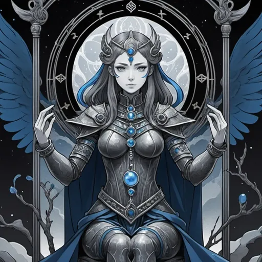 Prompt: tarot card Anime illustration, Air Atronach with dark-gray gray and vivid-blue palette