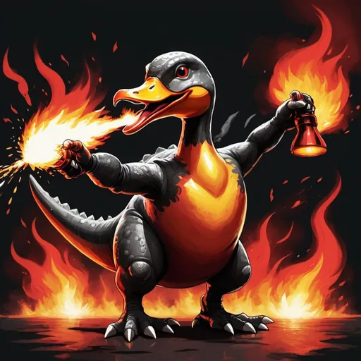 Prompt: A dinosaur Duck made of fire throwing fire punches with a flamethrower ready to go in mist of red and black flames, in card art style
