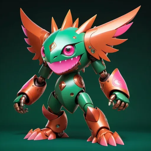 Prompt: A digimon who has a copper shield on head and personality is rough with a fearless forward-charging personality, colors are primarily vivid-orange with deep-green red-pink and bronze, background night, in Pixar art style