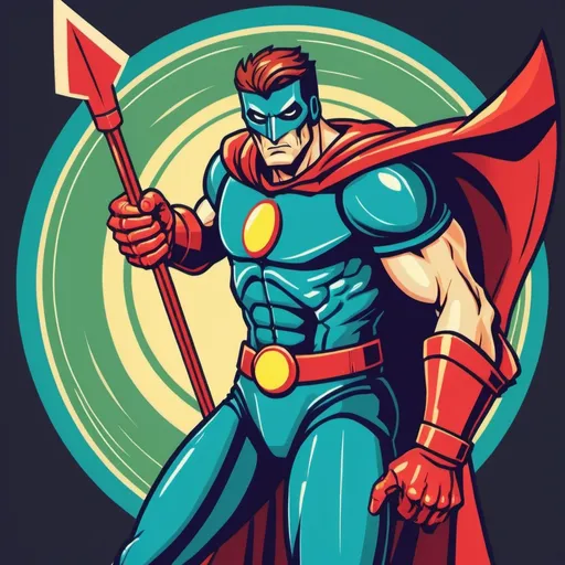 Prompt: Super Hero Bingerard who's arm transforms into a spear to use against the forces of evil
, in retro arcade art style