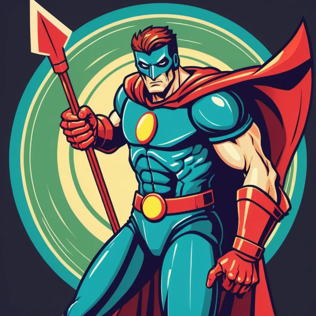 Prompt: Super Hero Bingerard who's arm transforms into a spear to use against the forces of evil
, in retro arcade art style