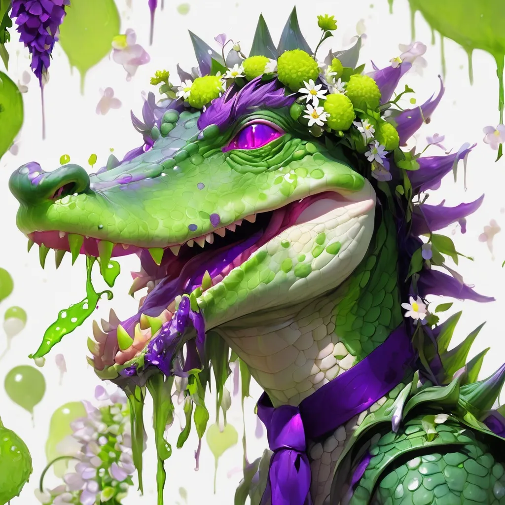 Prompt: Alligator with vivid purple scales spiked head long lime-green tongue and covered in elderflower petals