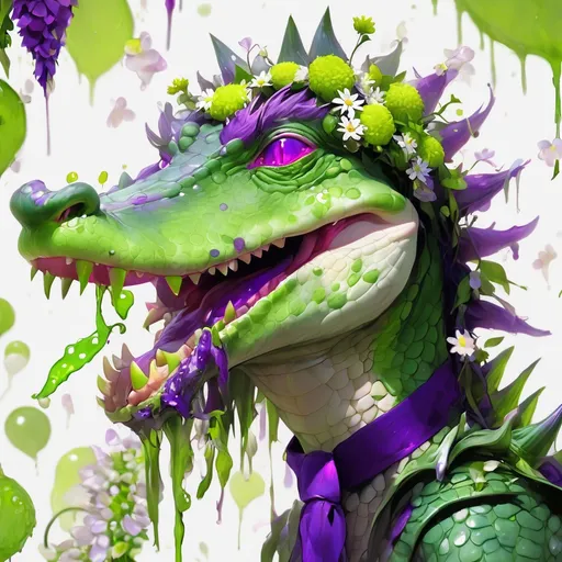 Prompt: Alligator with vivid purple scales spiked head long lime-green tongue and covered in elderflower petals