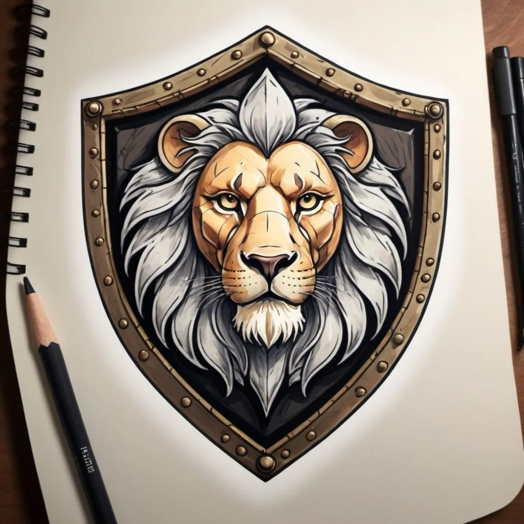 Prompt: Holy Shield Lion in color sketch note  ghostly art style