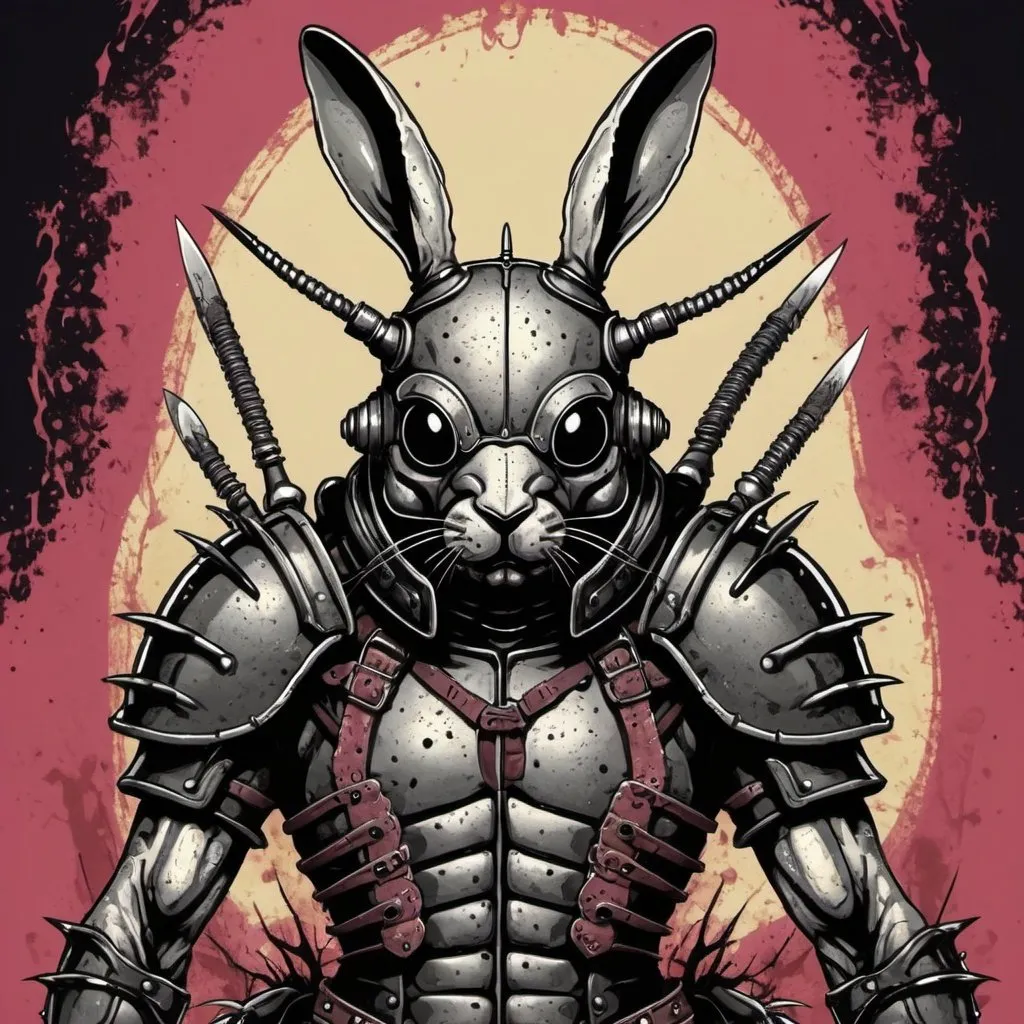 Prompt: Beetle Warrior in rabbit horror punk art style with background