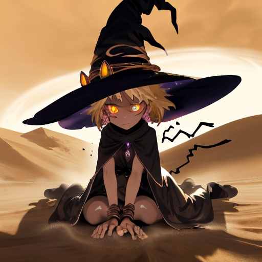 Prompt: Witch eyes glowing as she causes a sandstorm, color Desert sand, witch hat, witch outfit, wand with a scorpion on top, desert sand swirls all around, best quality, masterpiece, background desert sandstorm