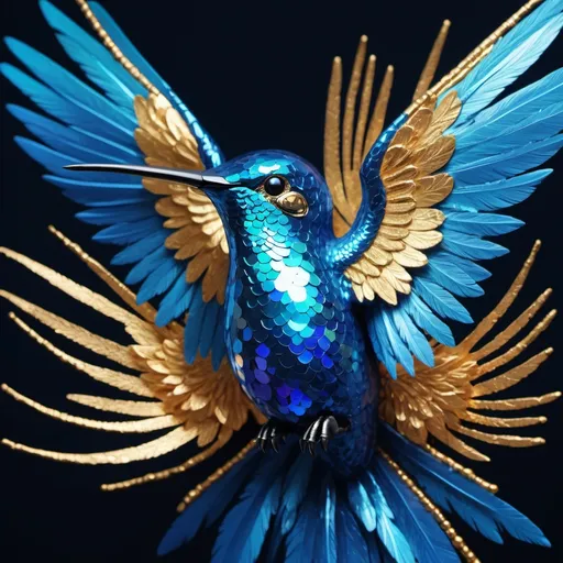 Prompt: Dead-Reckoning Humming Bird of vivid deep blue shimmering feathers and medium blue that reflect gold and wrapped in skull-threads, in iridescent anime art style