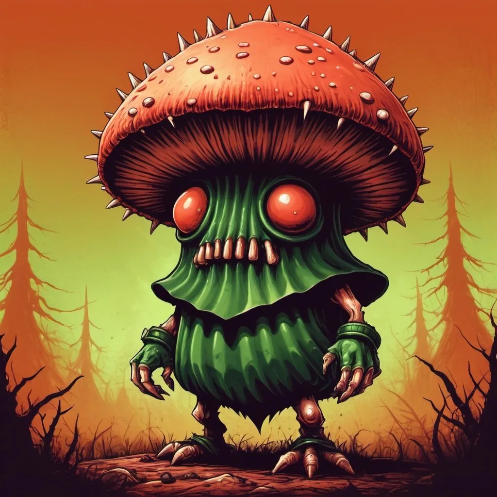 Prompt: brutal mushroom monster with spiked cap and green cape in redscale print art style
