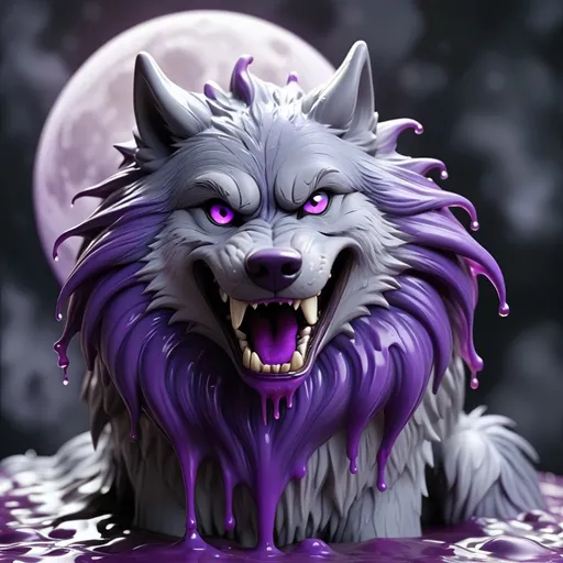 Prompt: Agrilla Slime wolf-like and with grey and purple fur and it drips dark purple slime, masterpiece, best quality, background full moon
