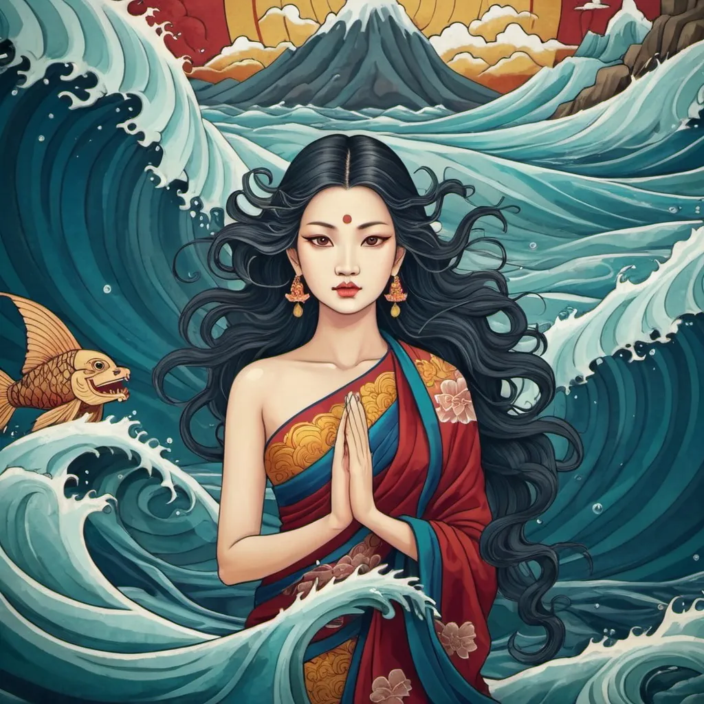 Prompt: A siren lurking in the depths, in thangka art style, background ocean