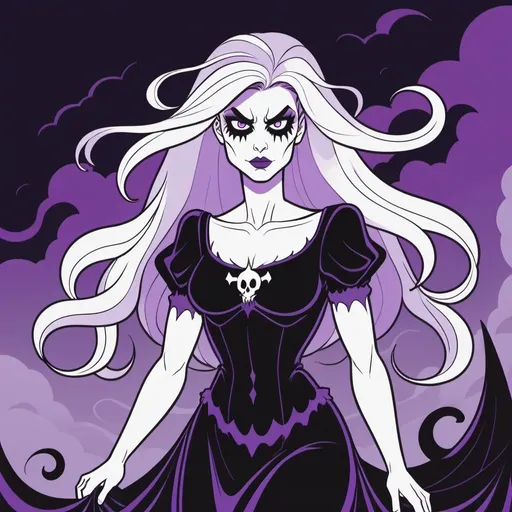 Prompt: Banshee with black black-purple  ghostly-purple and white color palette with background in classic cartoon art style