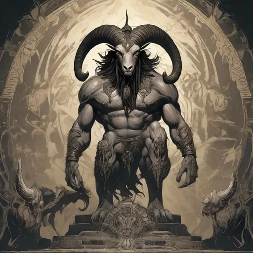 Prompt: Anathan Demon Goat of the world of darkness, warlike giant and warrior, in the underworld, best quality, masterpiece, in art deco art style