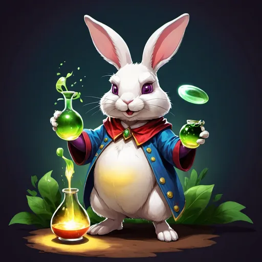 Prompt: A potion that turns a rabbit into a super rabbit!, in card art style
