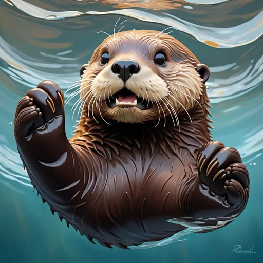 Prompt: Sea Otter floating in the ocean its paws using its belly like a drum, in acrylic art style, masterpiece, best quality